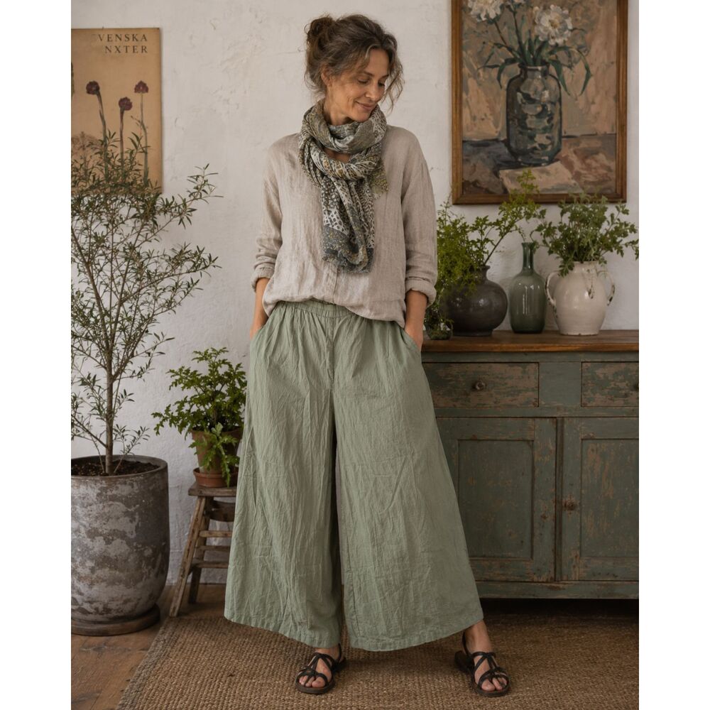 GUDRUN SJODEN Green Gray Organic Cotton Wide Leg Pants  Women's Size Small